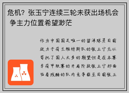 危机？张玉宁连续三轮未获出场机会 争主力位置希望渺茫