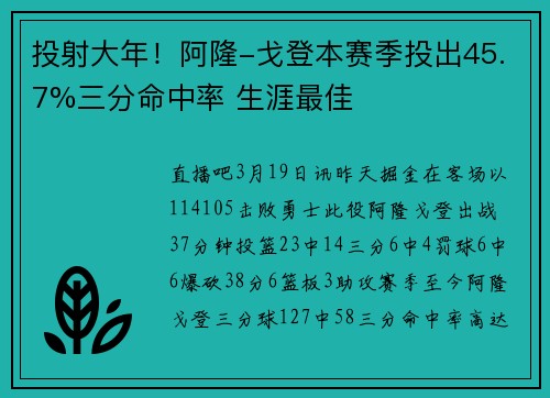 投射大年！阿隆-戈登本赛季投出45.7%三分命中率 生涯最佳