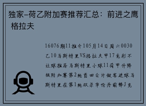 独家-荷乙附加赛推荐汇总：前进之鹰 格拉夫