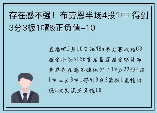 存在感不强！布劳恩半场4投1中 得到3分3板1帽&正负值-10